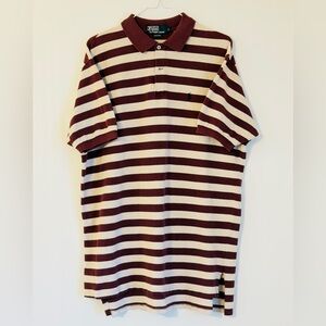 Ralph Lauren Maroon and Cream Striped Polo Vintage Short Sleeve Casual Shirt